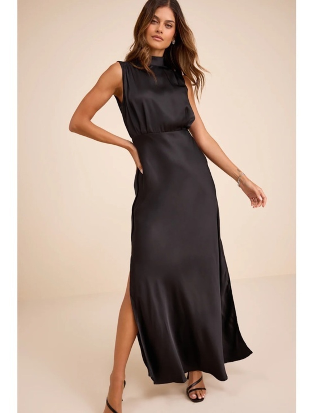 NWT Lulu’s Classic Elegance Black Satin Sleeveless Mock Neck Maxi Dress Medium